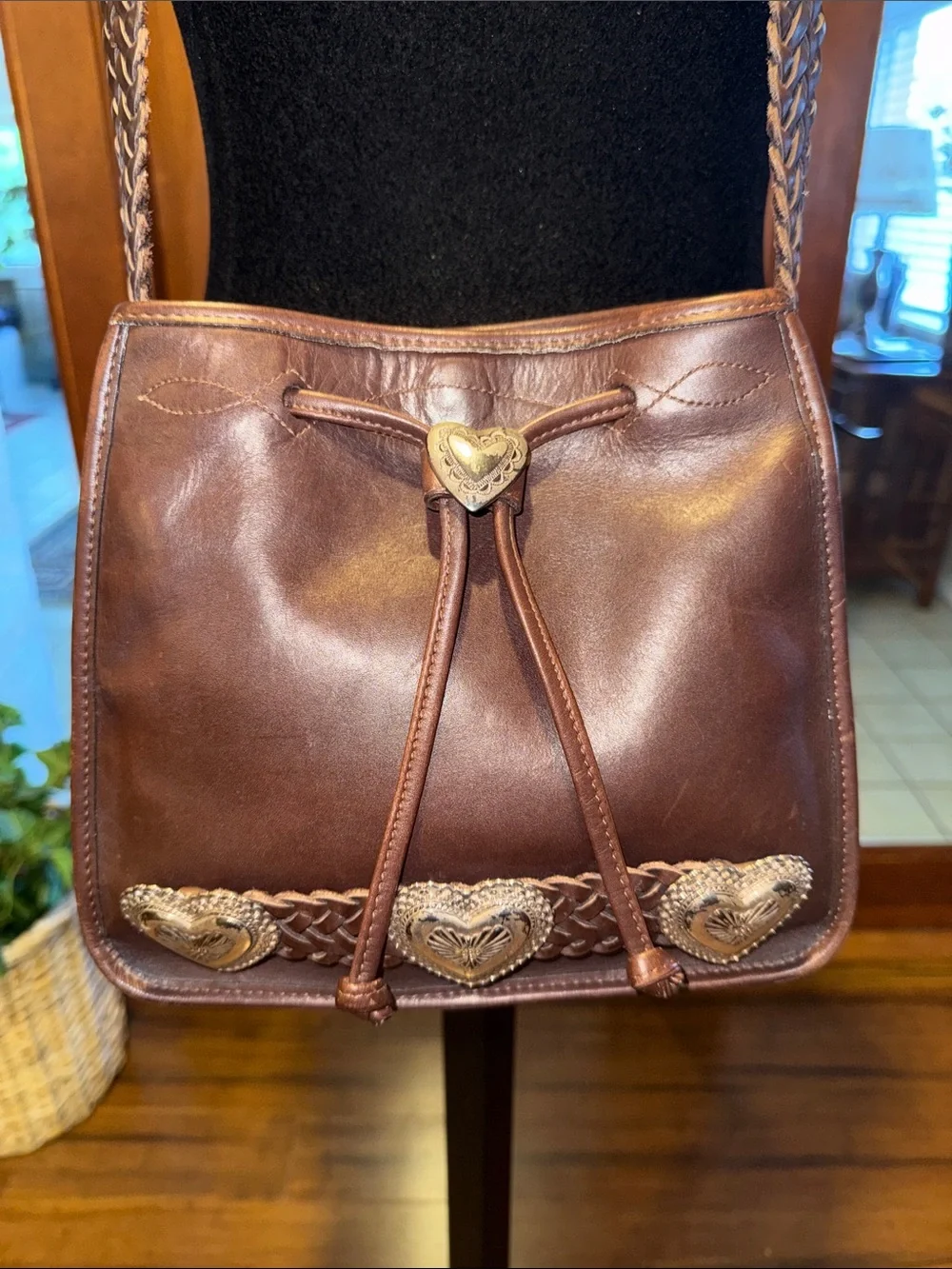 Vintage Brighton Braided Strap Brown Leather Shoulder Bag with Heart Accents - Picture 4 of 14